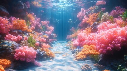 Fototapeta premium Vibrant underwater scene with colorful coral reefs and sunlight.