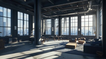 Spacious Modern Loft Interior with Large Windows Overlooking City Skyline, Light and Airy Atmosphere, Stylish Furniture, and Cozy Decor Elements