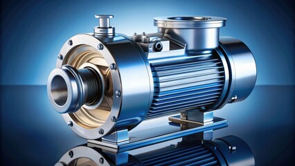Fototapeta premium A powerful industrial pump with a stainless steel casing and a blue electric motor, featuring a robust design for reliable performance and a sleek, modern aesthetic.