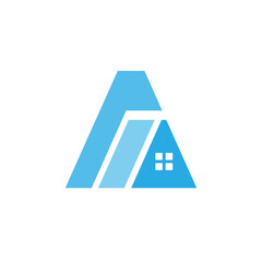 This is a simple house logo that shapes like a letter A in blue color on a white background