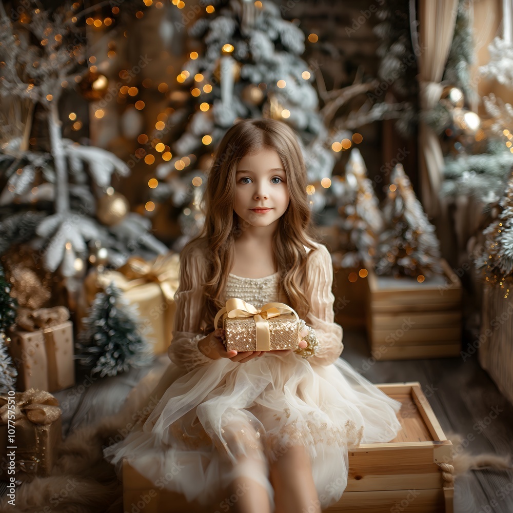 Wall mural Elegant young girl in a sparkling cream tulle dress holding a golden gift box, sitting in a beautifully decorated Christmas scene with snow-dusted trees