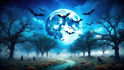 Fototapeta premium Scary Halloween Night Scene with Bats, Spooky Blue Sky, Haunted Atmosphere, Eerie Landscape, Halloween Decorations, Dark Shadows, Frightening Vibes, Ghostly Elements, Autumn Nights