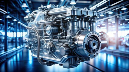 Fototapeta premium A Close-up of a Polished Engine Block with Complex Internal Systems in an Industrial Setting