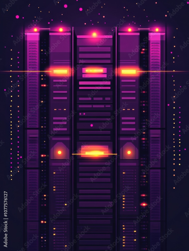 Aufkleber A cluster of servers features blinking indicators, creating a vibrant contrast against a dark background in a high-tech setting. Generative AI