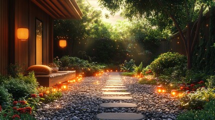 Obraz premium Serene garden path illuminated by lanterns and lush greenery.