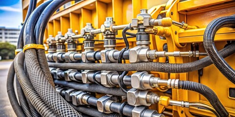 A close-up of a complex network of industrial hoses and connectors, showcasing the intricate details of a heavy-duty machine's hydraulic system