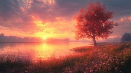 Obraz premium Serene sunset over a tranquil lake with vibrant trees and flowers.