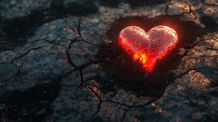 Fiery red heart emerging from a dark, cracked ground, representing passion. generative ai