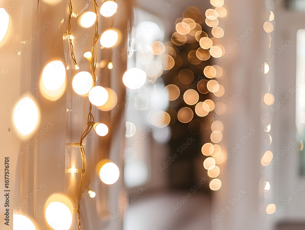 Poster soft-focus image of white and gold fairy lights creating an elegant bokeh effect in a cozy festive i