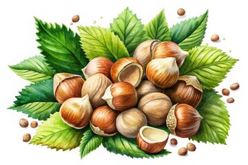 Watercolor Illustration of Hazelnuts with Leaves and Seeds, Nature Art, Botanical Design, Food Aesthetics, Organic Elements, Artistic Fruit Depiction, Healthy Snacks, Culinary Inspiration