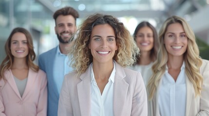 Fototapeta premium Diverse group of business professionals smiling confidently, teamwork and leadership, professional collaboration, modern corporate environment, career success, organizational unity