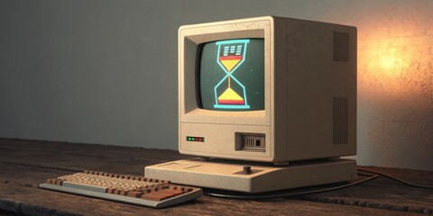 Loading Animation Loop A dusty old computer with a thick frame displays an 8bit styled animation of a colorful hourglass spinning. Above it soft beeps accompany the loading process