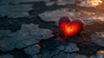 Fototapeta premium Fiery red heart emerging from a dark, cracked ground, representing passion. generative ai