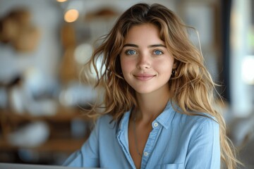 Fototapeta premium Mature businesswoman in blue shirt working happily on laptop in modern office thinking about future technology and business growth
