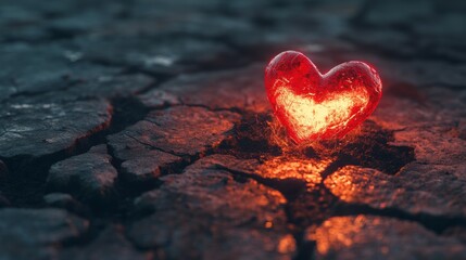 Fiery red heart emerging from a dark, cracked ground, representing passion. generative ai