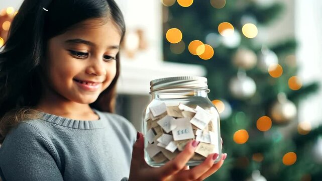 A family embraces a heartfelt tradition by filling a gratitude jar with notes of thanks on the mantel.