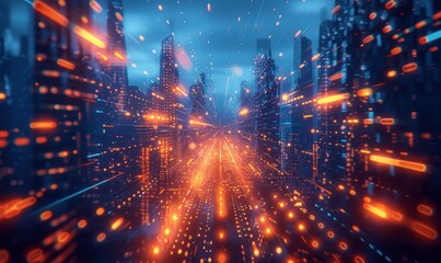 Fototapeta premium Futuristic Cityscape with Glowing Digital Lights and High-Speed Data Transfer in Blue and Orange