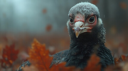 A close-up of a turkey's face in the forest, with a soft focus background.