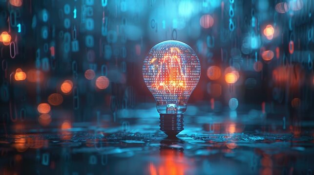 Glowing light bulb with digital code pattern on a dark background with binary code rain.