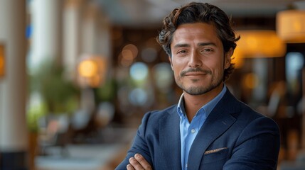 Obraz premium Confident Young Latin Businessman in Suit with Crossed Arms in Hotel Lobby