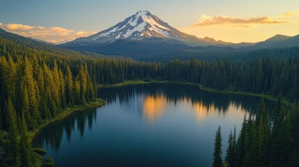 Serene mountain landscape with a reflective lake at sunset.