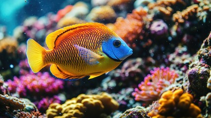 Vibrant underwater scene with a colorful fish and coral reef.