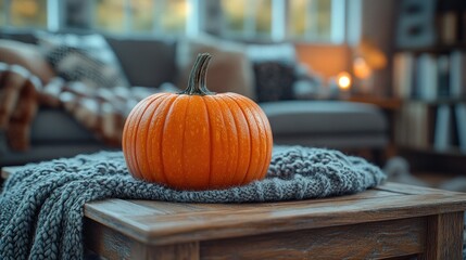 A cozy living room scene featuring a pumpkin on a textured blanket.