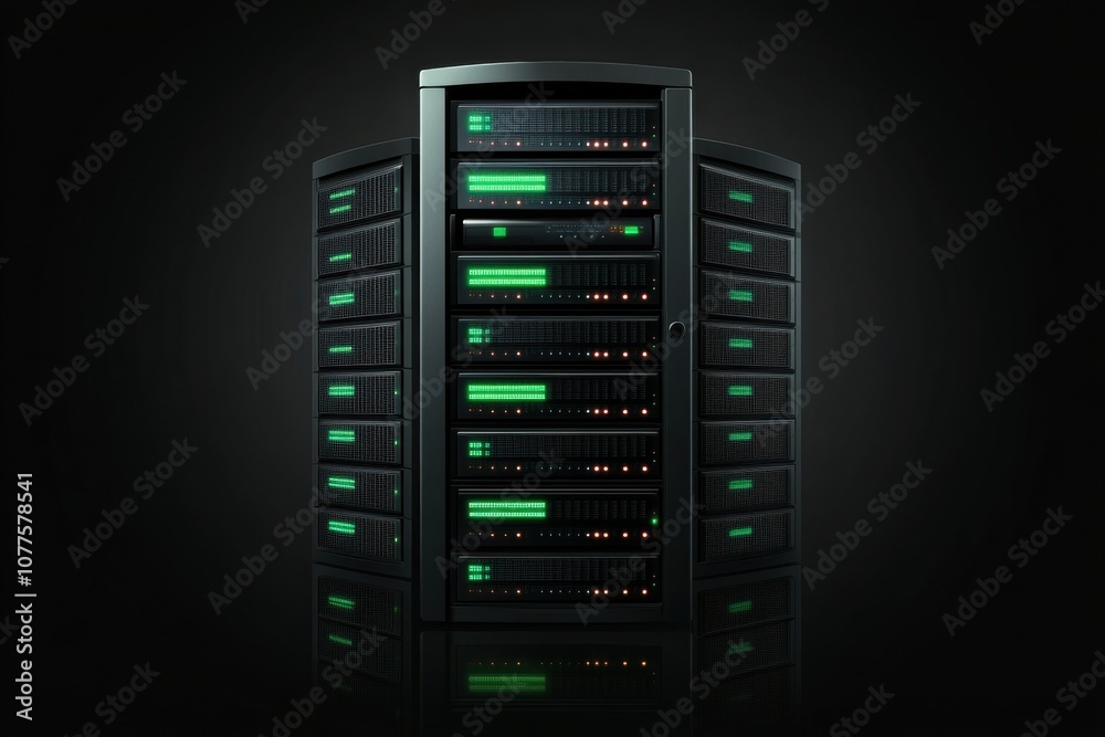 Fototapete Multiple server racks with green and red blinking indicators are organized neatly against a dark background, showcasing their operational status. Generative AI