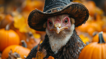 Obraz premium A chicken wearing a witch's hat stares intently at the camera, surrounded by pumpkins.