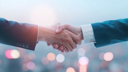 Handshake in professional setting, illuminated city background, teamwork and collaboration, trust and partnership, corporate negotiation, career success, modern business deal

