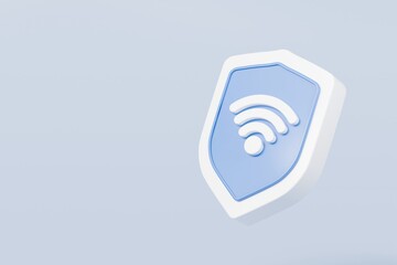 3d Shield with a security protection privacy password secure personal Wi-Fi icon symbol. Wireless network connection. Security protection privacy password secure personal blue shield concept 3d render