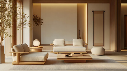 A calm, minimalist living room with neutral colors, wooden furniture, and soft lighting