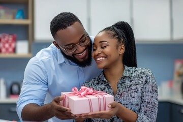 Couple celebrating love on valentine s day  man presents gift box to smiling woman at home