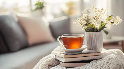 A cozy reading corner with a stack of wellness and mindfulness books, a cup of tea, and a soft blanket