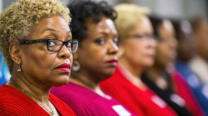 Fototapeta premium A focused group of diverse women attentively listening during a meeting or discussion, showcasing expressions of engagement and contemplation.