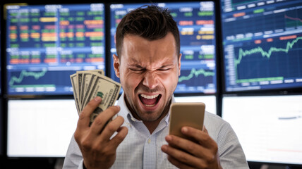 Obraz premium A man is holding a cell phone and a stack of cash, looking angry. He is in front of a computer monitor with a lot of numbers on it