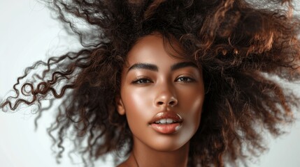 Beautiful Black Woman Posing with Curly Afro Hair on White Background Close-Up Studio Shot for Shampoo Conditioner Ad