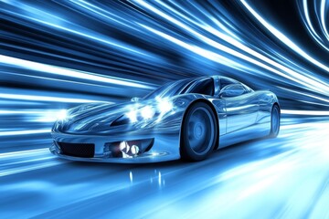 Futuristic car in studio setting with motion blur and speed lines for dynamic advertising impact