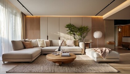 Fototapeta premium Modern living room with neutral furniture and stylish lighting. 3D Rendering