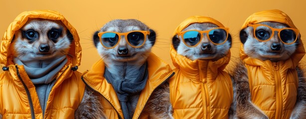 Fashionable Meerkat Group in Vibrant Outfits on Solid Background, Playful Caricatures for Party Banner or Advertising Design