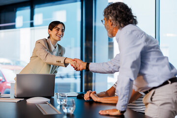 Financial advisor shaking hands with client in meeting