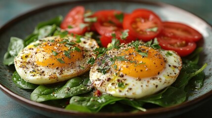 Two fried eggs on a bed of spinach with sliced tomatoes.