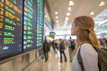 Obraz premium Girl at airport observing flight information board surrounded by travelers and passengers