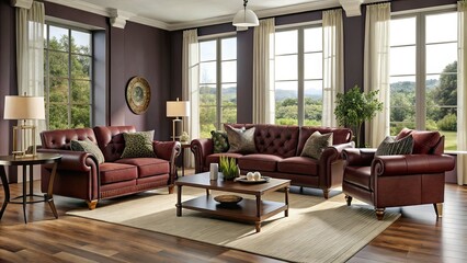 Fototapeta premium Transform your living room with elegant burgundy furniture, combining stylish decor ideas that evoke modern charm and timeless comfort for a warm, inviting atmosphere.