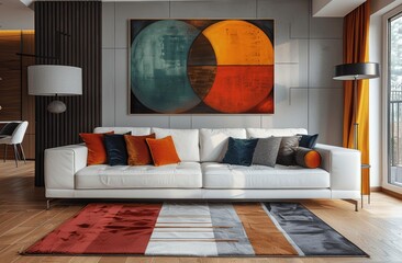 Modern Scandinavian living room with white sofa, geometric abstract art, and colorful pillows