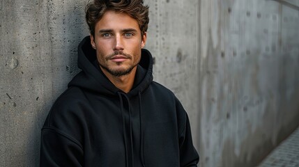 Obraz premium Handsome young man in a black hoodie leaning against a concrete wall, looking at the camera.