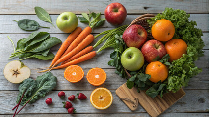Fresh fruits and vegetables arranged on a rustic wooden table