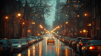 Obraz premium Rainy urban street at dusk, illuminated by streetlights.