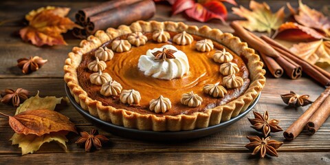 Fototapeta premium A classic pumpkin pie with a flaky crust, a swirl of whipped cream, and a dusting of cinnamon, nestled amongst autumn leaves and star anise on a rustic wooden table