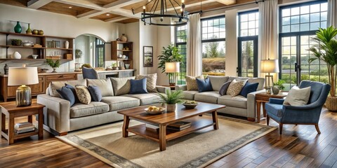 Fototapeta premium Transform your living room with HGTV-inspired furniture designs, enhancing both aesthetic charm and comfort in your open floor plan for a welcoming space.